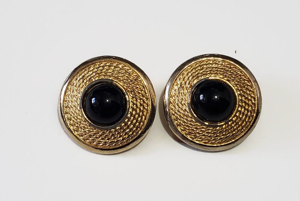 Vintage Hattie Carnegie Gold Tone Black Glass Cabochon Clip Earrings